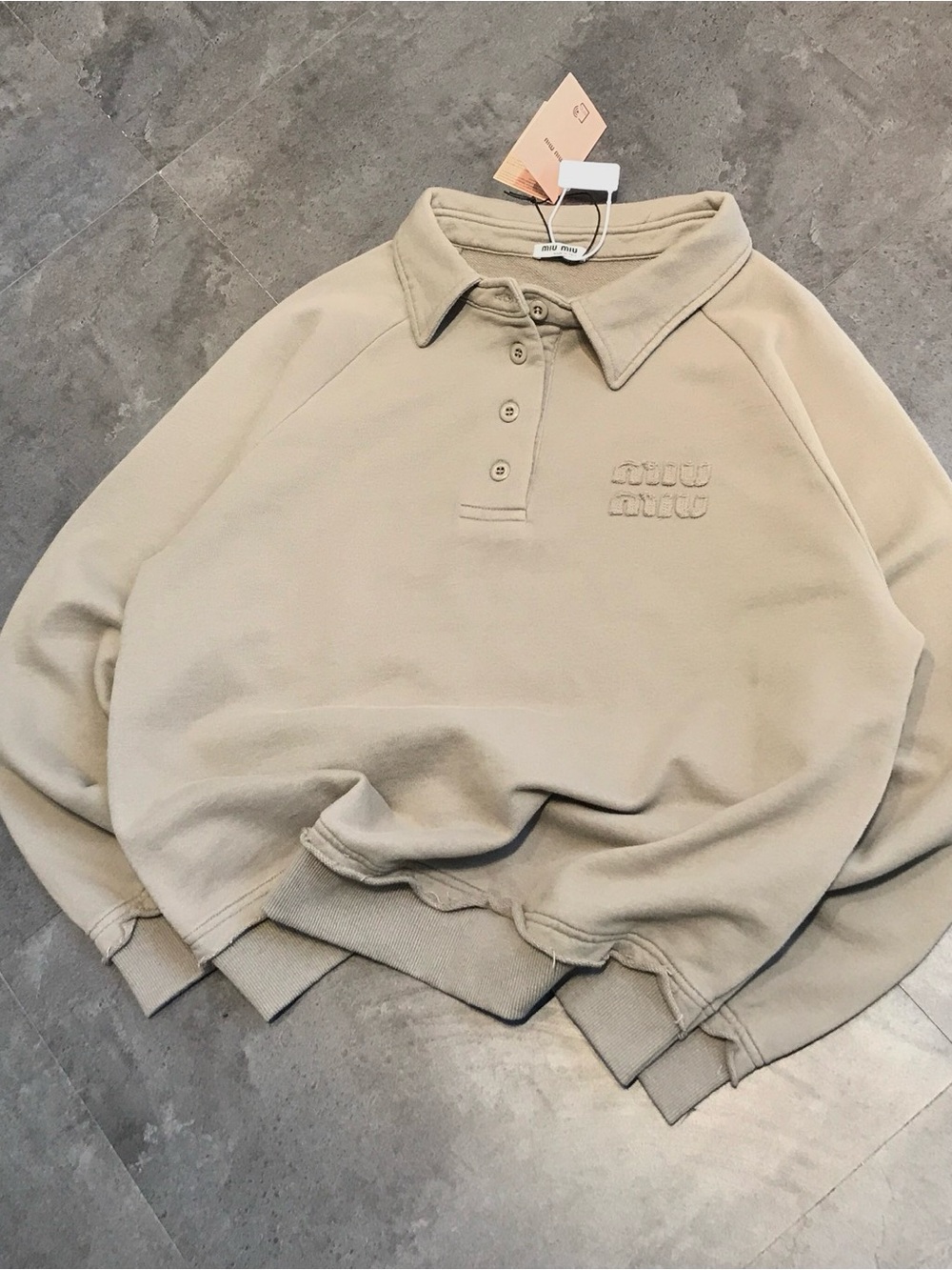 Miu Miu cream Polo collar embroidered logo sweatshirt
